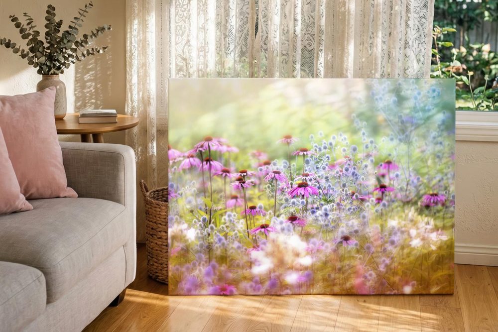 Pink coneflower print on canvas